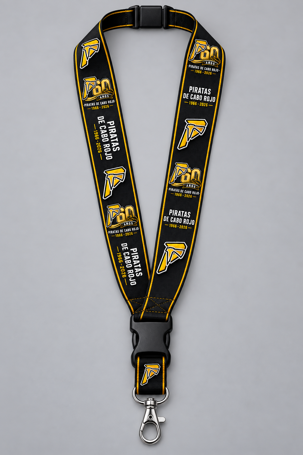 Lanyard negro y dorado del 60 aniversario de los Piratas de Cabo Rojo