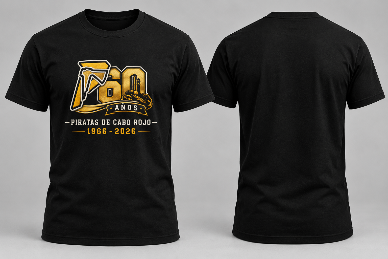 T-shirt negra 60 años de los Piratas, frente y espalda